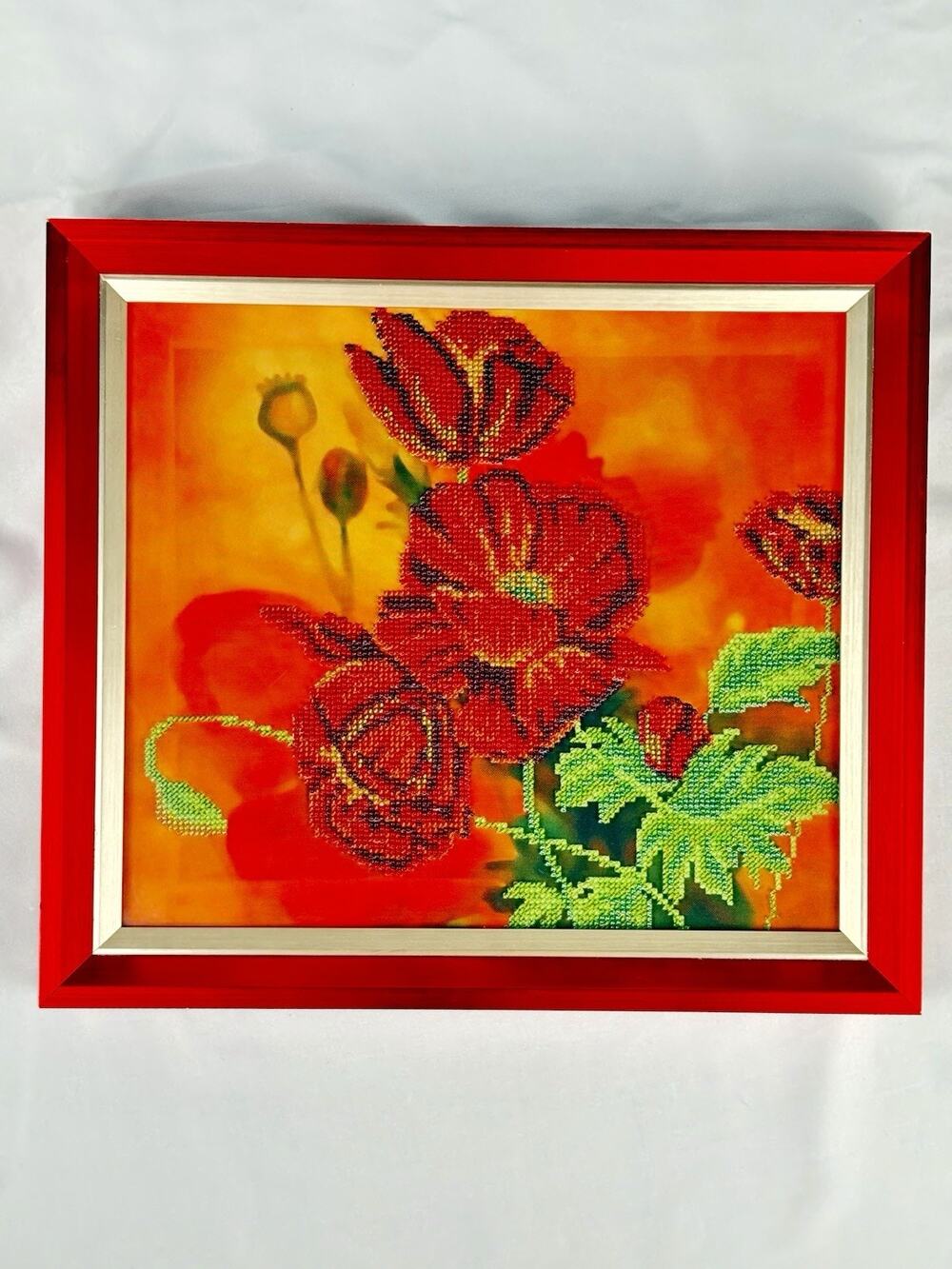 One of a Kind Handmade Beaded Silk Red Poppies Ukrainian Framed Art Preciosa